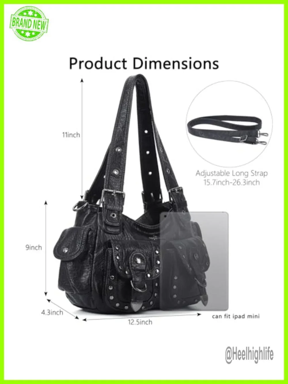 Vegan Leather Hobo Bag Multi Pocket Studded Shoulder Tote Y2K